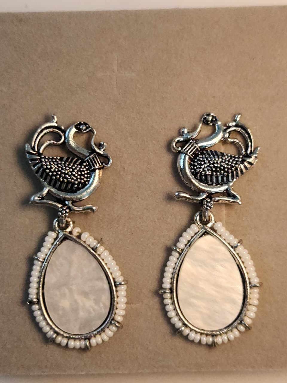 Baliyaa Oxidised Peacock Drop Earrings with Mirror Work & Pearl Beads
