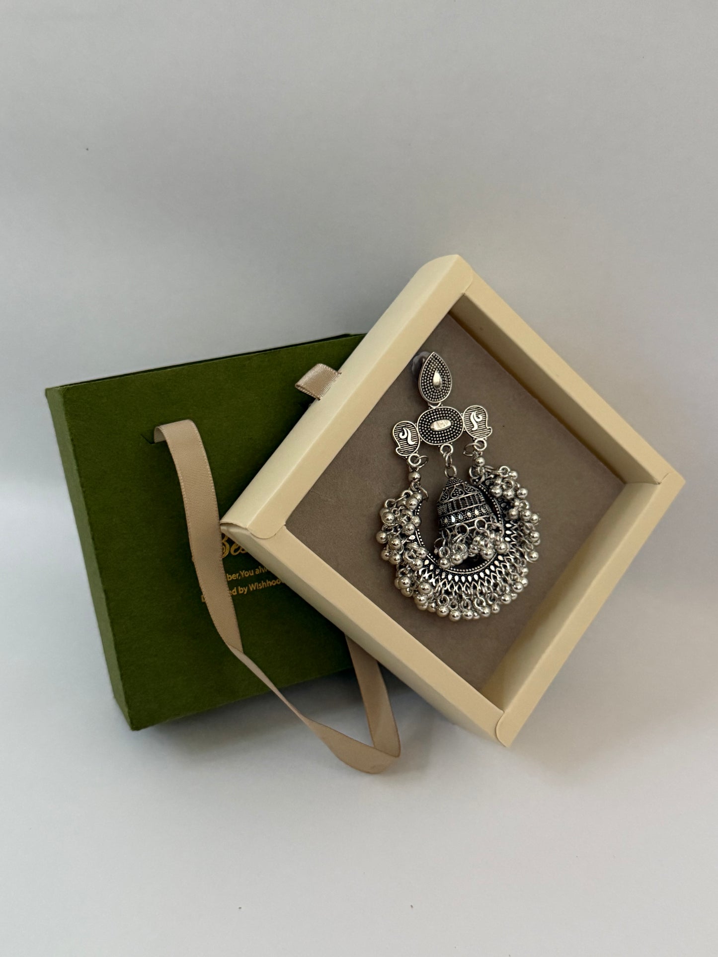 Oxidised Crescent Moon Jhumka with Pearl Detailing | Silver Look Earrings