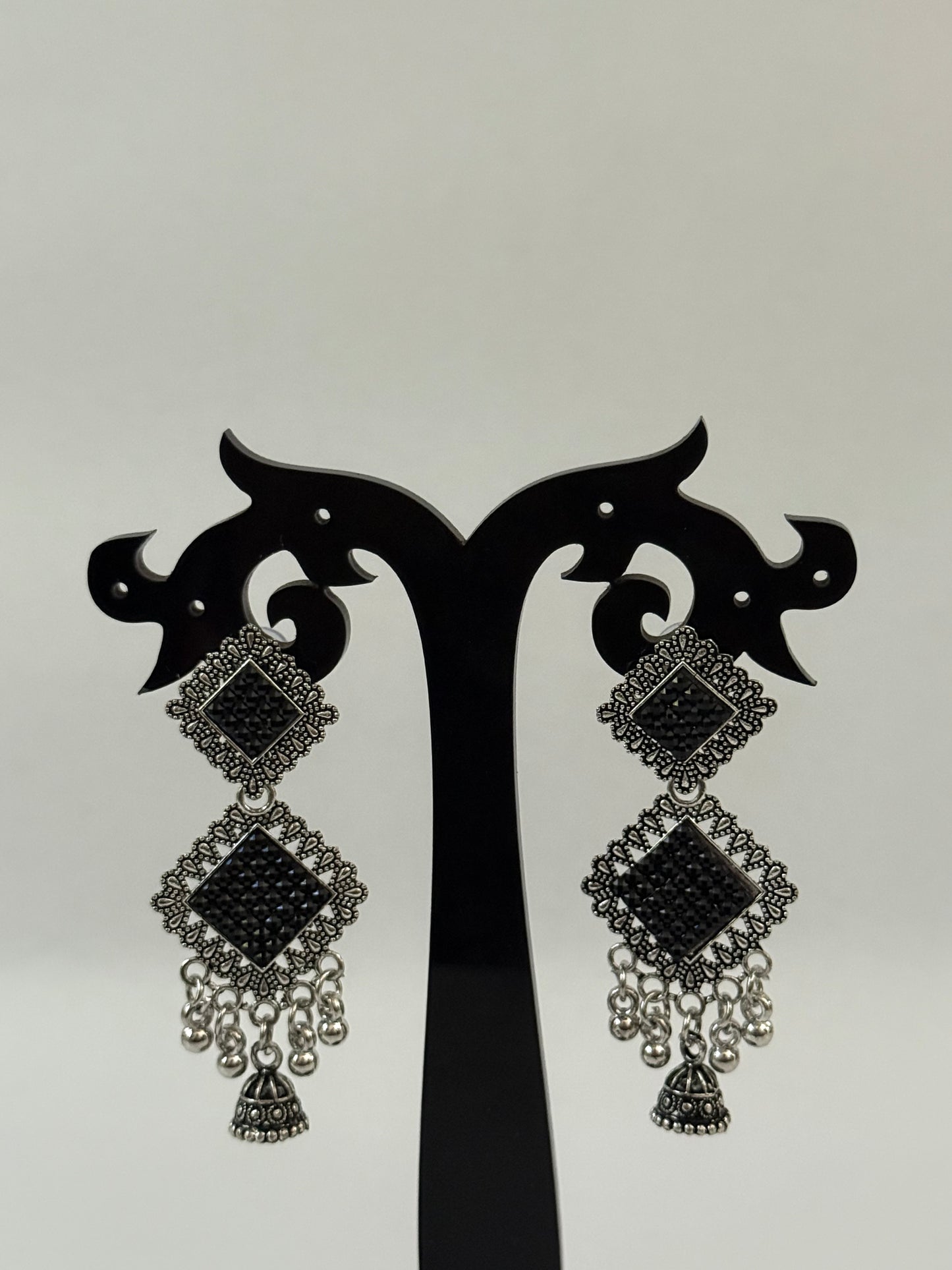 Black Stone Square Drop Earrings | Silver Plated | Gift Box
