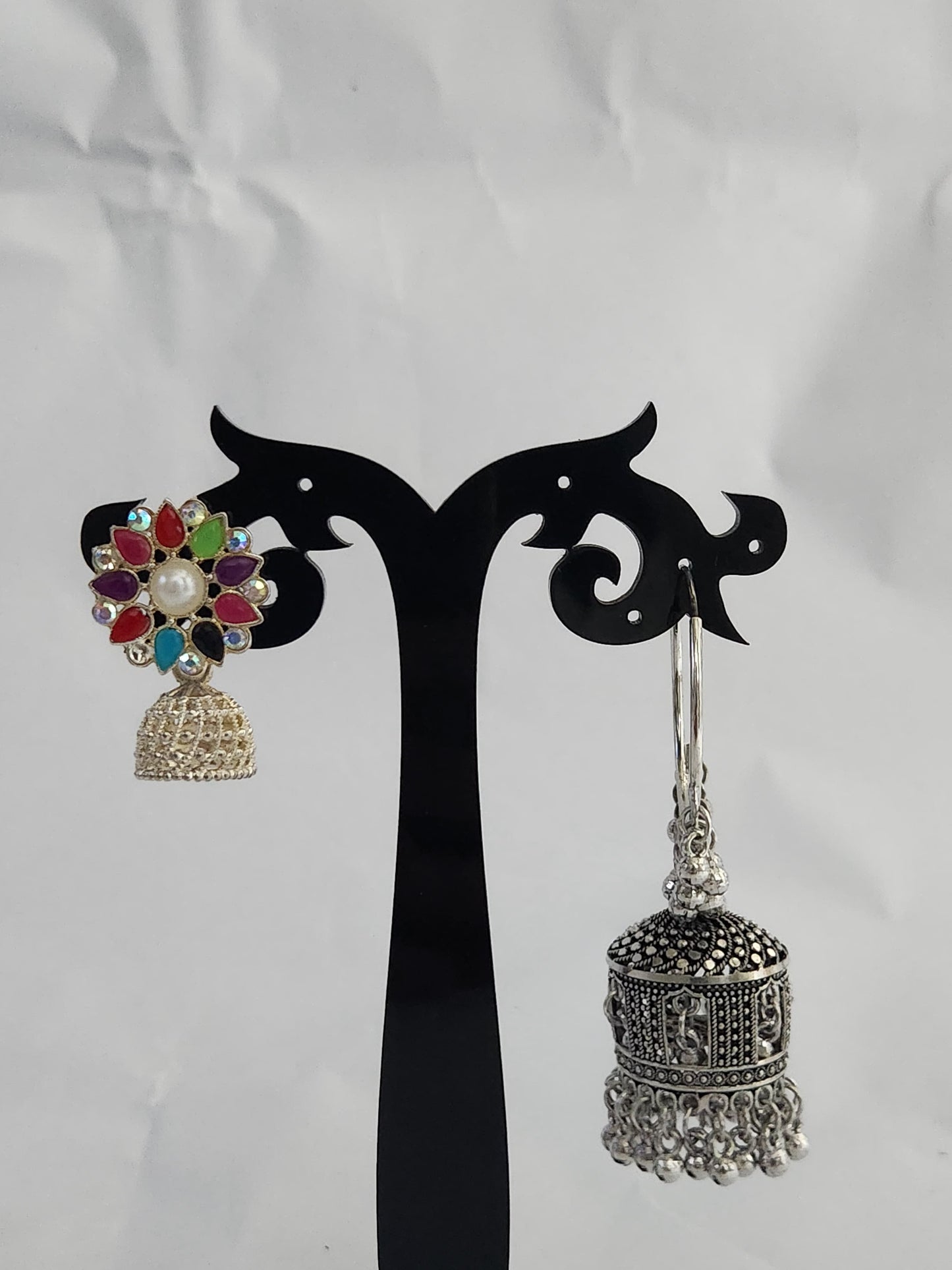 2-in-1 Earrings Combo | Heavy Oxidized Jhumka & Multicolor Stone Stud