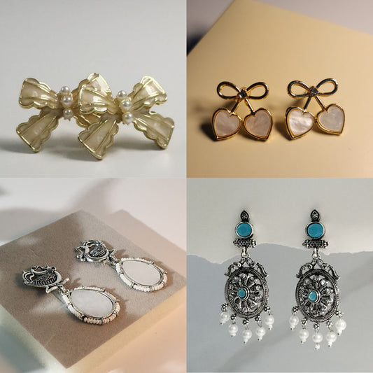 Chic Gold Bow & Heart Cherry Stud Earrings with Mother-of-Pearl