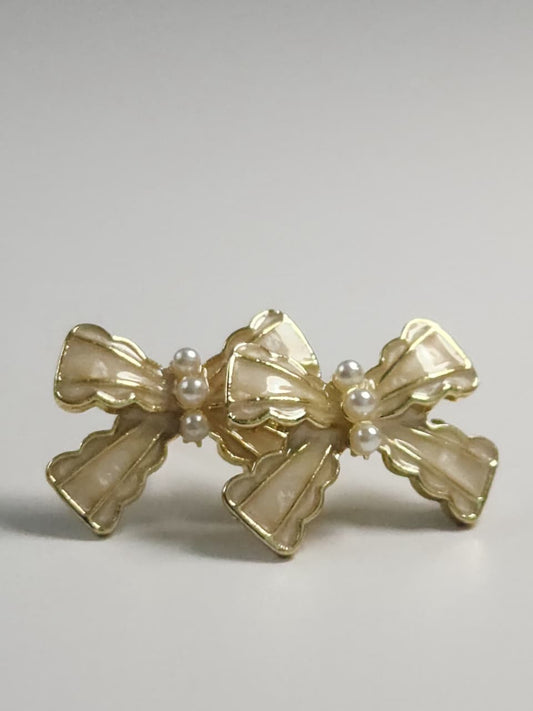 Elegant Gold Bow Hair Clip with Pearl Accents | Minimalist Hair Barrette