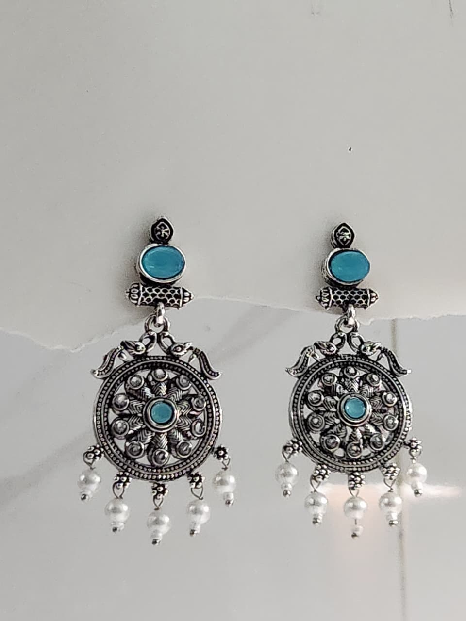 Oxidised Silver Look Mandala Drop Earrings with Blue Stone & Pearl Drops