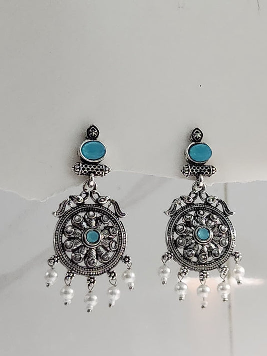 Oxidised Silver Look Mandala Drop Earrings with Blue Stone & Pearl Drops