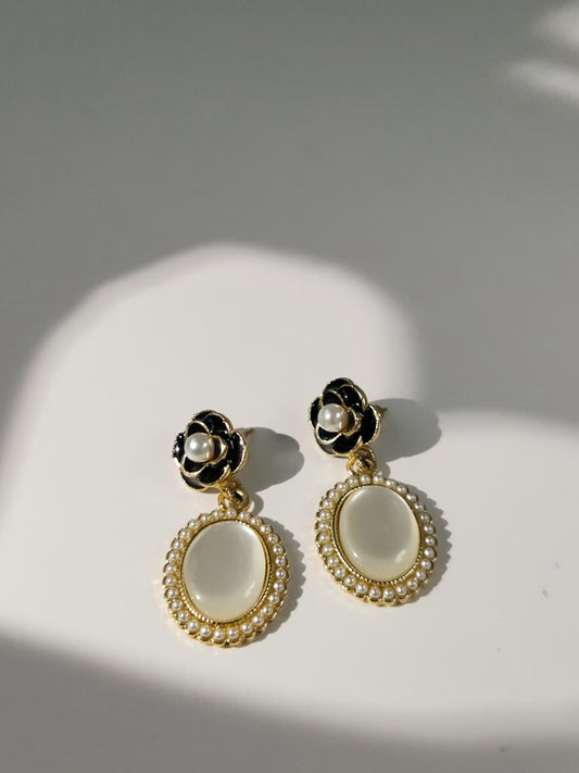 Classic Black & Gold Camellia Drop Earrings with Cat Eye Stone and Pearl Frame