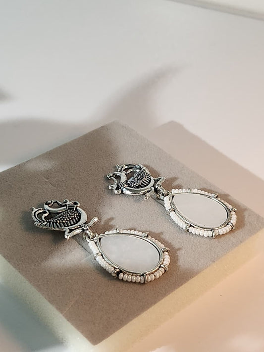 Baliyaa Oxidised Peacock Drop Earrings with Mirror Work & Pearl Beads