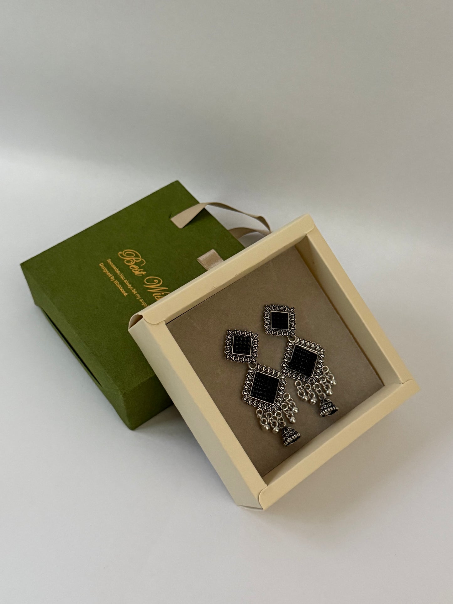 Black Stone Square Drop Earrings | Silver Plated | Gift Box