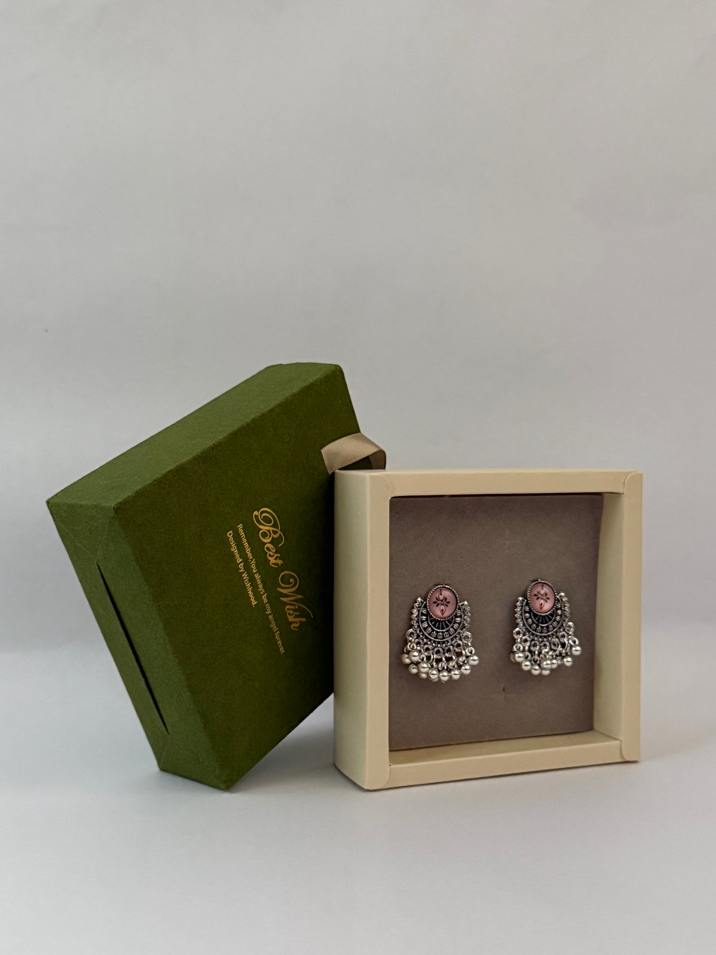 Pink and Silver Oxidised Jhumka