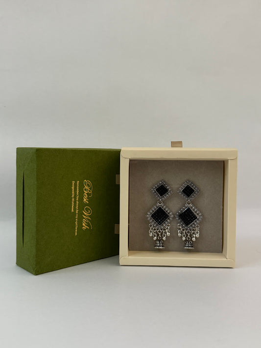 Black Stone Square Drop Earrings | Silver Plated | Gift Box