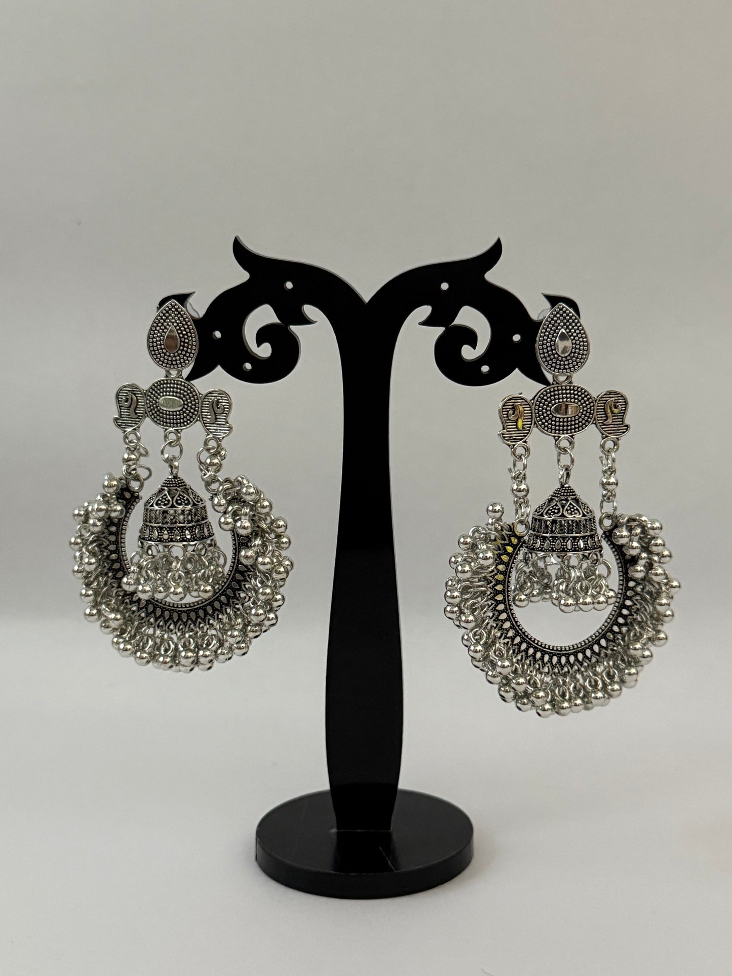 Oxidised Crescent Moon Jhumka with Pearl Detailing | Silver Look Earrings