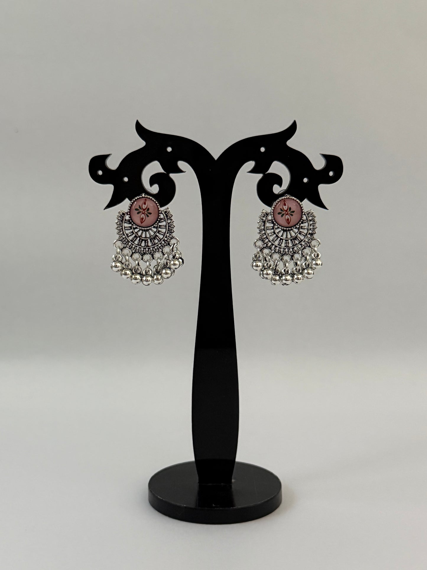 Pink and Silver Oxidised Jhumka