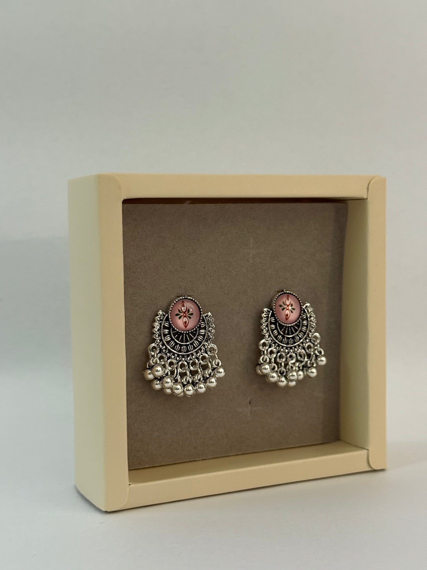 Pink and Silver Oxidised Jhumka
