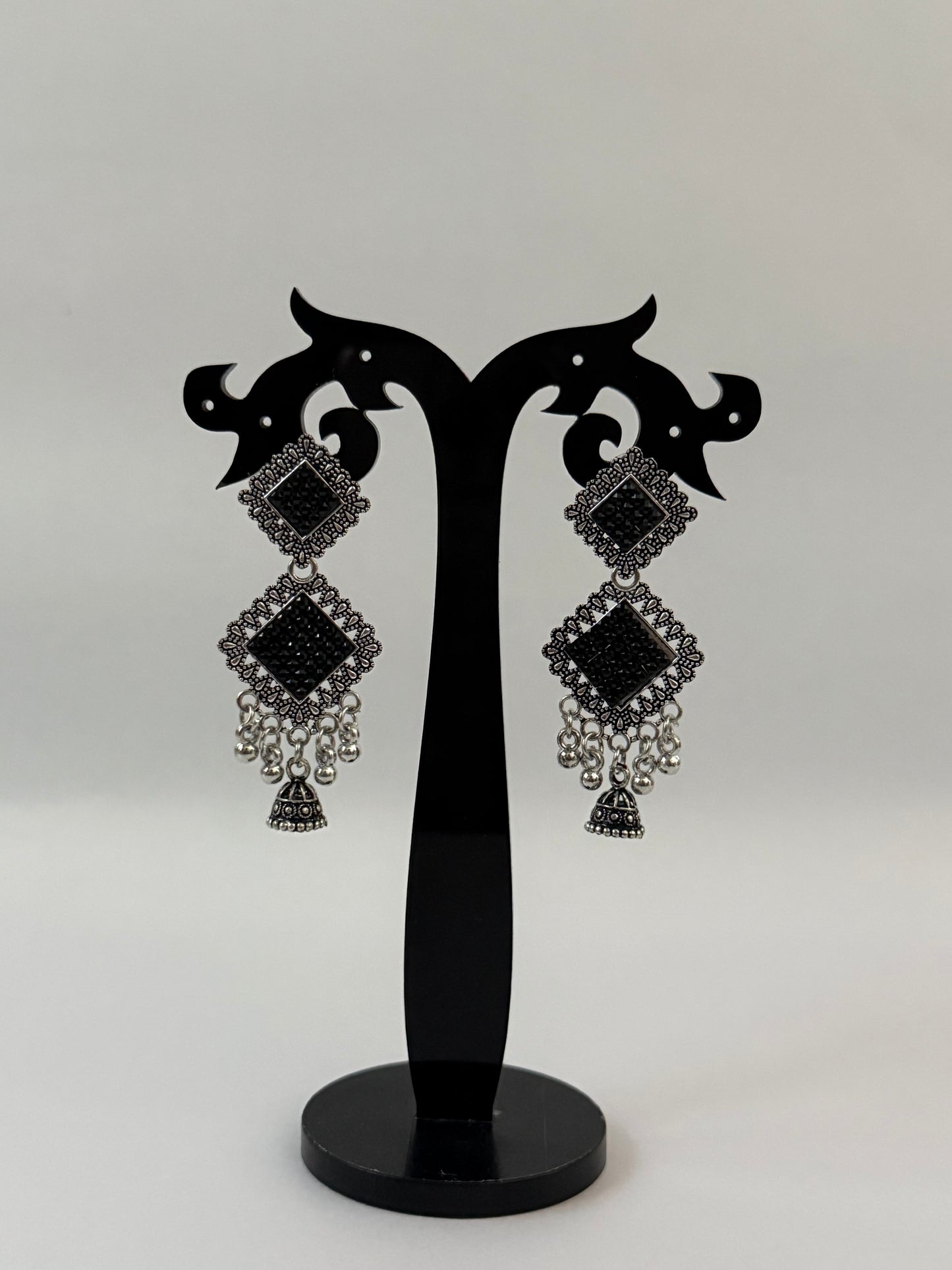 Black Stone Square Drop Earrings | Silver Plated | Gift Box