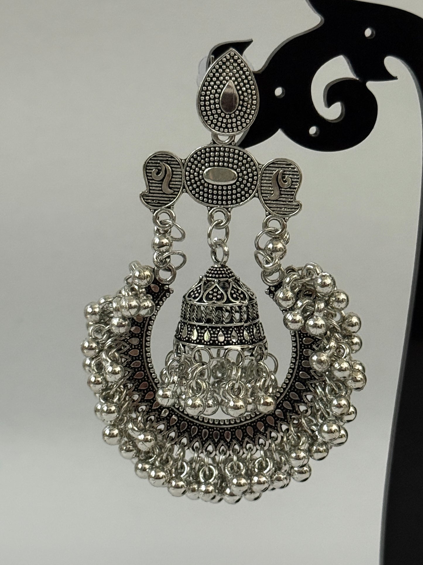 Oxidised Crescent Moon Jhumka with Pearl Detailing | Silver Look Earrings